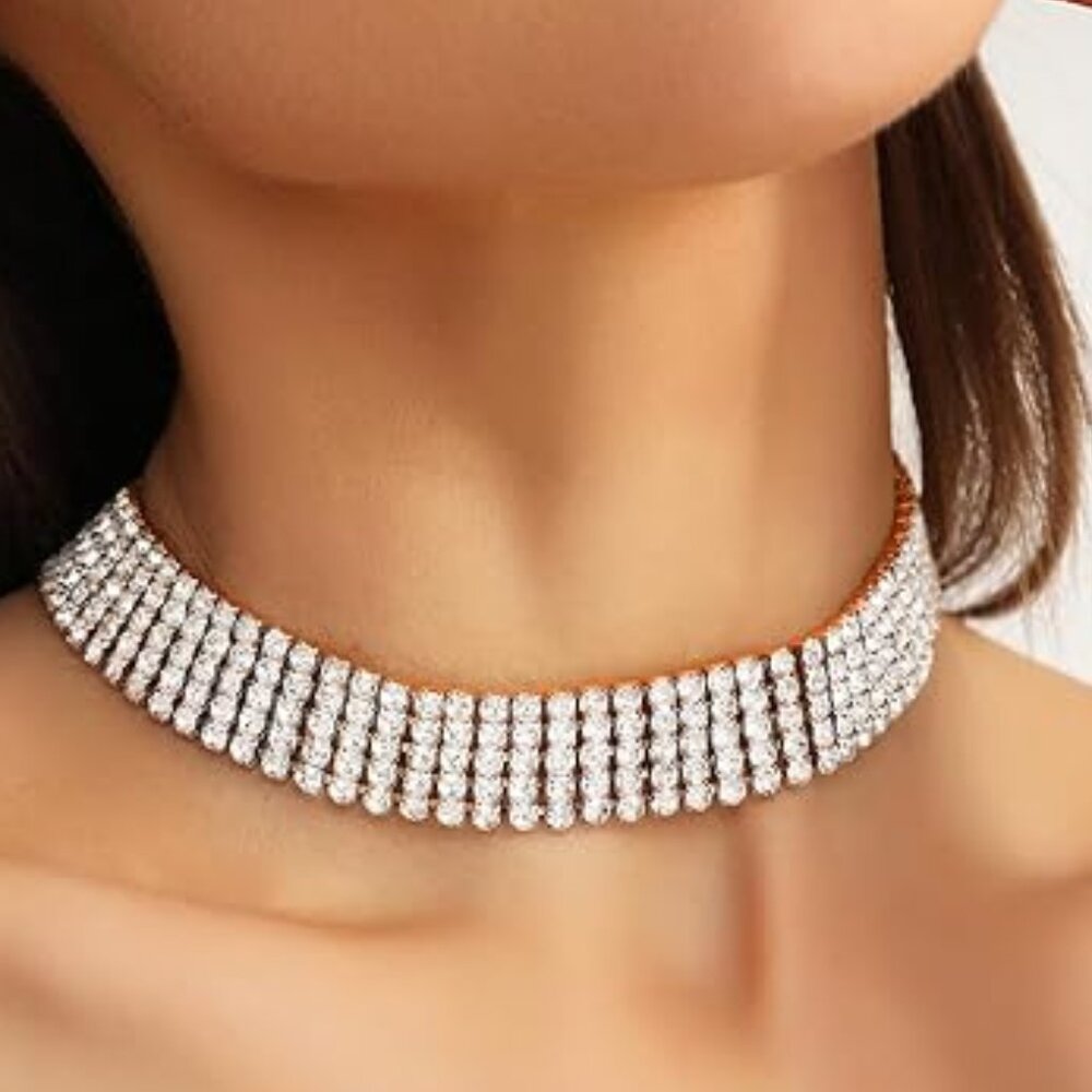 Pave Crystal Choker Necklace with 5 rows of tiny crystals - Gold clasp